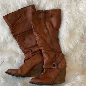 Knee high rustic wedge boots